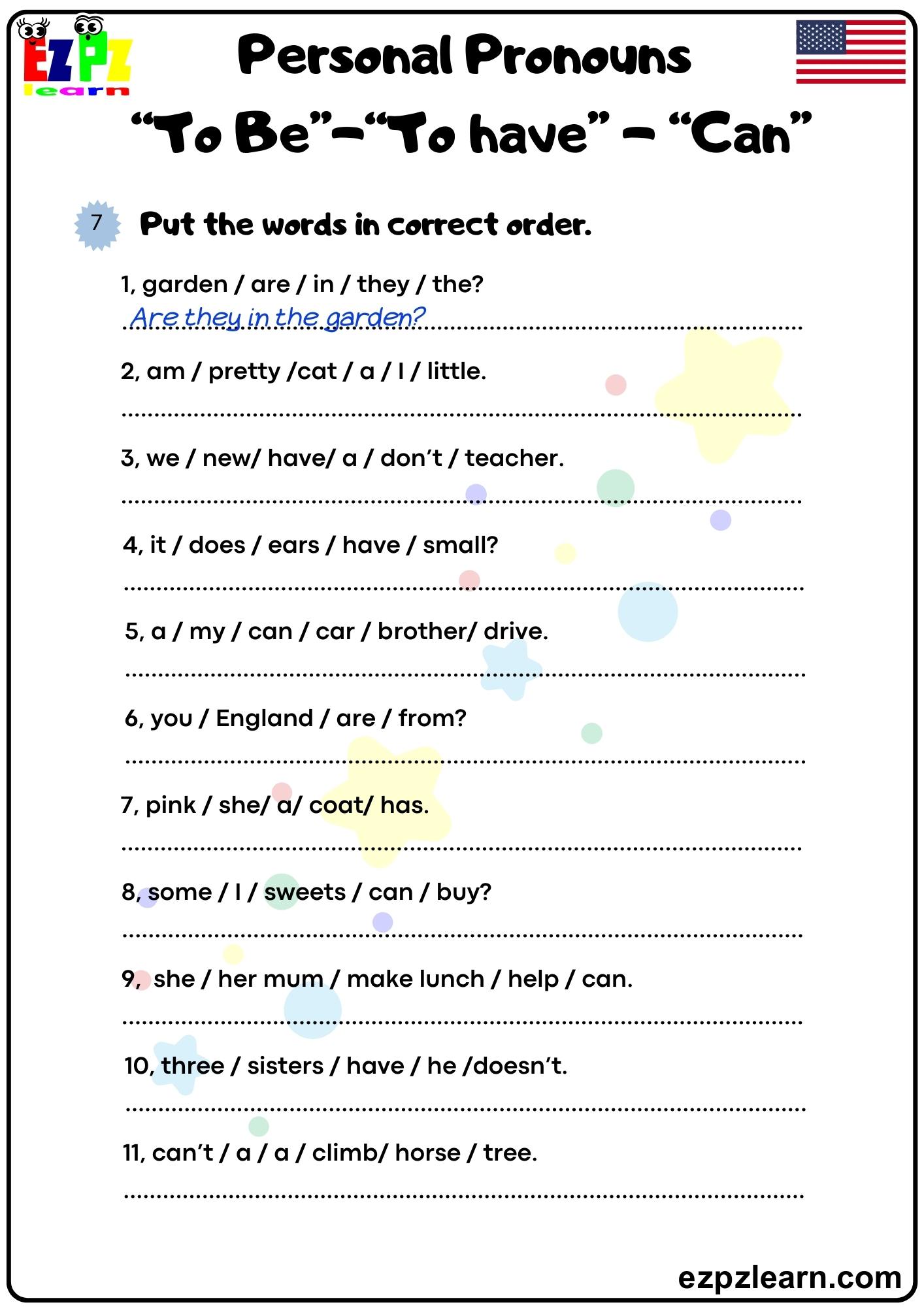 Personal Pronouns Put the words in correct order American English Printable pdf